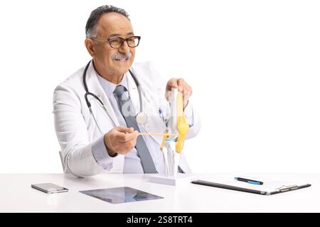 Médecin orthopédique expliquant un modèle osseux de genou isolé sur fond blanc Banque D'Images