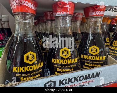 Bouteilles de sauce soja soigneusement disposées sur une étagère de supermarché dans un cadre vibrant Banque D'Images
