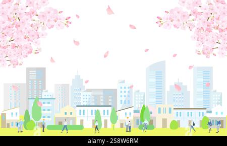 Cerisiers en fleurs et les bâtiments et les rues et les gens marchant paysage illustration vectorielle arrière-plans de printemps Illustration de Vecteur