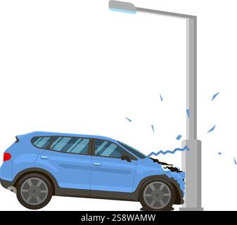 Accident de voiture impliquant un véhicule endommagé s'écrasant dans un poteau de réverbère, représentant une situation désagréable et dangereuse sur une route de ville en vecteur Illustration de Vecteur