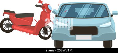 Accident de la route impliquant un scooter rouge s'écrasant sur le côté d'une voiture bleu clair, causant des dommages aux deux véhicules, représenté dans une vue de face Illustration de Vecteur