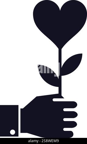 Main tenant une fleur stylisée en forme de coeur avec deux feuilles, représentant l'amour, les soins, l'affection et les relations amoureuses, dans un noir minimaliste et Illustration de Vecteur