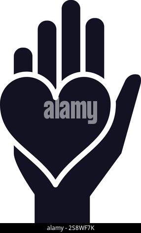Main ouverte tenant une icône en forme de coeur représentant l'amour, les soins, la charité, le don, les soins de santé, aide, assistance, unité, solidarité, espoir, romance Illustration de Vecteur