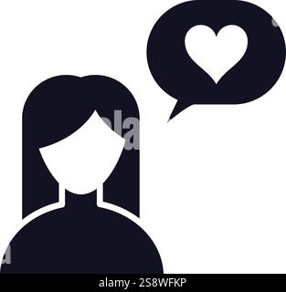 Icône vectorielle minimale représentant une femme aux cheveux longs tenant une bulle de discours avec un cœur à l'intérieur, représentant l'amour, l'affection et les émotions romantiques dedans Illustration de Vecteur
