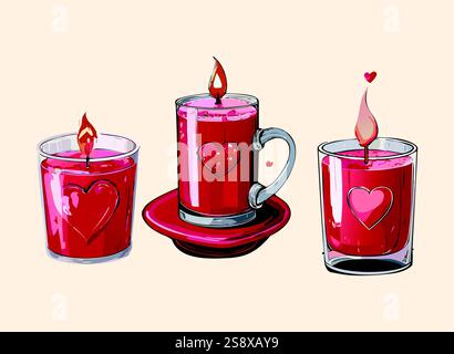 Une collection de trois bougies rouges en verre sur le thème du cœur et une bougie en forme de tasse. Parfait pour la Saint-Valentin, les mariages, ou la décoration romantique. Illustration de Vecteur