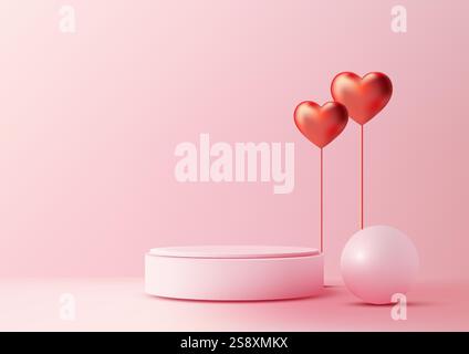 Scène minimaliste de la Saint-Valentin avec podium rose 3D, ballons en cœur rouge et sphère blanche sur un fond rose doux. Présentoirs de produits romantiques, maquettes, Illustration de Vecteur