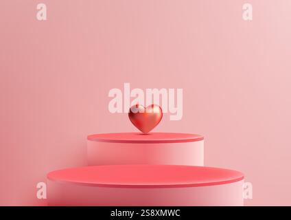 Romantique podium rose 3D avec un cœur rouge métallique brillant est l'affichage parfait pour la Saint-Valentin, les anniversaires ou les maquettes de produits liés à l'amour. SHO Illustration de Vecteur