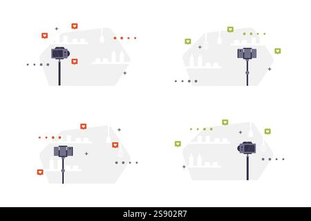 Ensemble de fonds vectoriels avec caméra sur trépied, étagères, bouteilles et icônes de coeur. Contexte pour les blogs, les bannières de médias sociaux ou le contenu lié à ph Illustration de Vecteur
