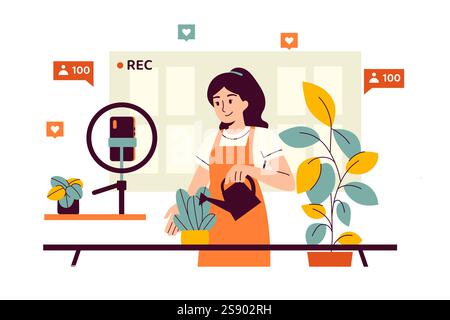 Illustration vectorielle d'une femme dans un tablier arrosant les plantes. Un jardinier explique au public comment prendre soin des plantes d'intérieur. Un fleuriste et des plantes Illustration de Vecteur