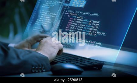 Mains tapant avec du code fictif affiché sur une interface virtuelle, illustrant un espace de travail numérique dynamique axé sur l'innovation créative et technique Banque D'Images