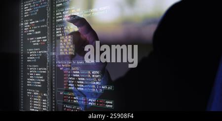 Code fictif affiché dans l'espace virtuel avec un accent sur la simulation et la résolution de problèmes, symbolisant la précision et l'innovation. Banque D'Images