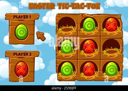 INTERFACE DE JEU TIC-TAC-TOE. Terrain de jeu de société avec oeufs rouges et verts. Vacances de printemps drôles de Pâques. Jeu TIC Tac Toe dans le thème de Pâques. Illustration de Vecteur