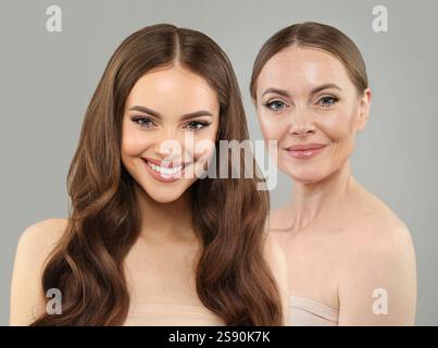 Mignonne jeune femme modèle et femme mature. Ensemble de collage de deux visages féminins. Banque D'Images