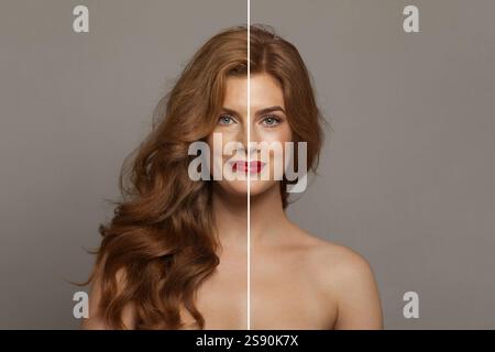 Rousse jeune femme modèle et femme mature. Ensemble de collage de deux visages féminins. Banque D'Images