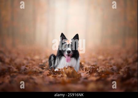 Portrait d'un border collie couché dans une forêt pleine de feuilles. Banque D'Images
