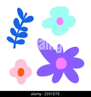 Motif coloré de fleurs et de feuilles en violet, bleu et rose. Moderne et décoratif, parfait pour les œuvres d'art inspirées de la nature, les designs tendance et la maison Illustration de Vecteur