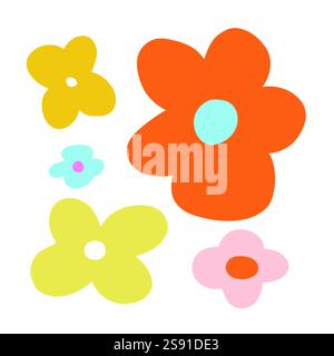 Fleurs orange vif, jaune et rose dans un style ludique de doodle. Une illustration florale joyeuse parfaite pour des projets créatifs, naturels ou artistiques Illustration de Vecteur