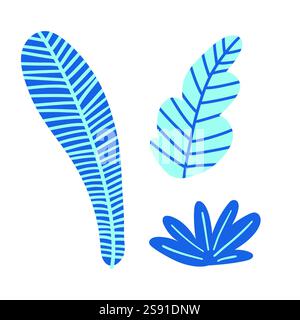 Feuilles bleues tropicales élégantes sur un fond blanc. Minimaliste et moderne, idéal pour les motifs botaniques, les projets d'été et la décoration élégante de la maison. Illustration de Vecteur