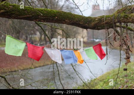Une chaîne de drapeaux de différentes couleurs attachés à une branche d'arbre au-dessus de la rivière créant un accent coloré sur un jour de pluie et de morosité. Banque D'Images