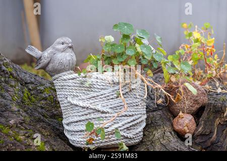 Un petit pot de fleurs avec une plante est placé sur une souche d'arbre et une figurine d'oiseau est assise sur le bord du pot. Banque D'Images