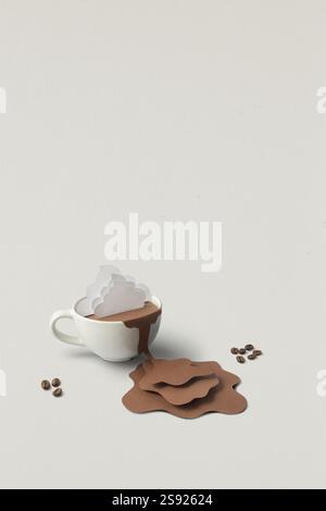 Photo de concept créatif de tasse avec des éclaboussures de café en papier sur fond gris Banque D'Images