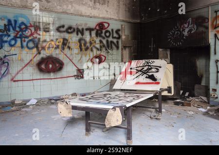 Photo d'une chambre de visite abandonnée dans un hôpital psychiatrique Banque D'Images