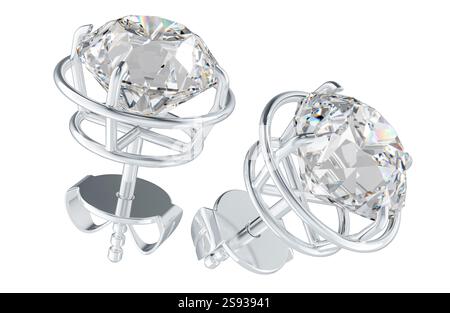 Paire de boucles d'oreilles en diamant, rendu 3D isolé sur fond blanc Banque D'Images