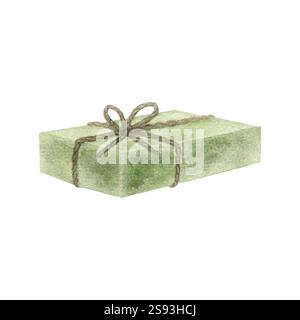 Savon vert olive alep noué avec de la ficelle. Illustration isolée à l'aquarelle dessinée à la main du produit cosmétique écologique et de l'aromathérapie. Produit écologique pour la conception de spa. Dessin d'articles de toilette pour le soin de la peau. Banque D'Images