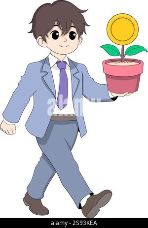 Un jeune homme d'affaires dans un costume tenant un pot de fleurs avec une plante de monnaie d'or en croissance, représentant la croissance financière et le succès Illustration de Vecteur