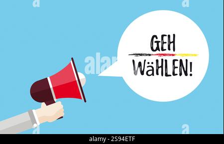 Main plate Bullhorn discours rond Bubble Geh Waehlen texte allemand Geh Waehlen, traduire Go vote. Banque D'Images