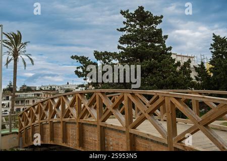 Cette photo capture un charmant pont en bois au design rustique, avec des poutres croisées et des supports robustes. Banque D'Images