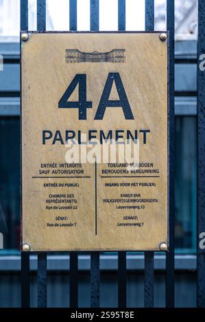 Signe supérieur du parlement fédéral (Chambre et Sénat) au centre-ville de Bruxelles, Belgique, 24 janvier 2025 Banque D'Images