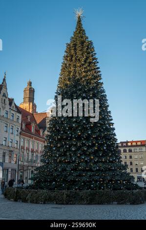 Grand arbre de Noël décoré avec des ornements dorés et argentés sur la place de la vieille ville de Wroclaw, entouré de bâtiments historiques par un matin d'hiver clair Banque D'Images