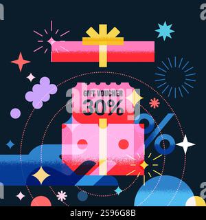 Main humaine tenant une boîte cadeau ouverte avec coupon de réduction. Bannière de promotion de vente, affiche, carte de voeux, modèle de conception de bon. Colorfu géométrique vectoriel Illustration de Vecteur