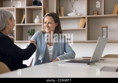Consultant professionnel et cliente se serrant la main Banque D'Images