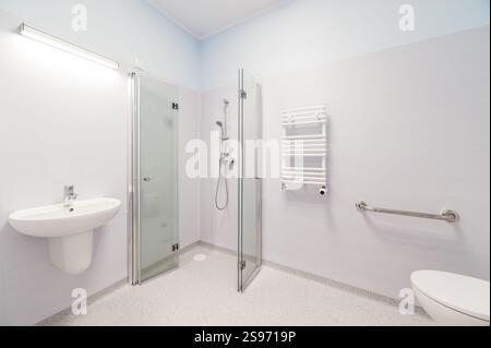 Salle de bains moderne accessible avec douche, évier et toilettes Banque D'Images