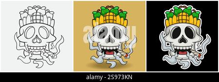 Fruits de mangue à l'intérieur de la tête de crâne avec dessin animé de personnage fumant. Noir Blanc, coloré et style autocollant. Pour T-shirt imprimé, logo de marque, étiquette et mascotte Illustration de Vecteur