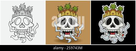Fruit d'ananas à l'intérieur de la tête de crâne avec personnage fumant dessin animé. Noir Blanc, coloré et style autocollant. Pour T-shirt imprimé, logo de marque, étiquette et ma Illustration de Vecteur