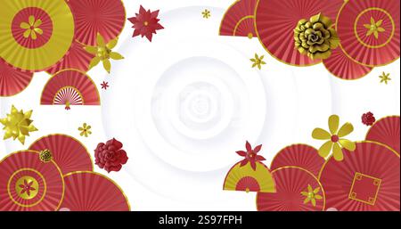 Image de dessins floraux et de ventilateur rouge et or sur fond circulaire blanc Banque D'Images