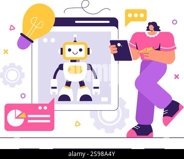 Illustration vectorielle de programmation de robot présentant un robot d'intelligence artificielle interagissant avec une interface de données numériques pour une technologie avancée Illustration de Vecteur
