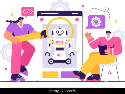 Illustration vectorielle de programmation de robot présentant un robot d'intelligence artificielle interagissant avec une interface de données numériques pour une technologie avancée Illustration de Vecteur