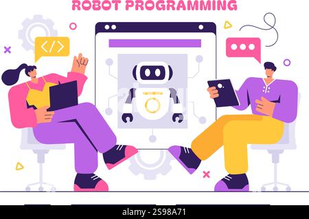 Illustration vectorielle de programmation de robot présentant un robot d'intelligence artificielle interagissant avec une interface de données numériques pour une technologie avancée Illustration de Vecteur