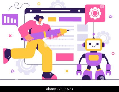 Illustration vectorielle de programmation de robot présentant un robot d'intelligence artificielle interagissant avec une interface de données numériques pour une technologie avancée Illustration de Vecteur
