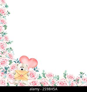 Cadre floral d'angle avec fleurs rose pastel, feuilles d'eucalyptus vert et ours en peluche avec enveloppe. Illustration botanique dessinée à l'aquarelle à la main Banque D'Images