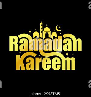 Ramadan kareem carte de voeux typographie de luxe or avec mosquée, étoiles et illustration vectorielle de lune. Affiche de célébration du mois Saint religieux musulman Illustration de Vecteur