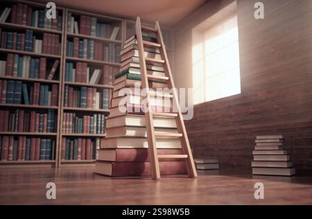 Étagères dans la bibliothèque et une échelle. Il s'agit d'une illustration de rendu 3D. Banque D'Images