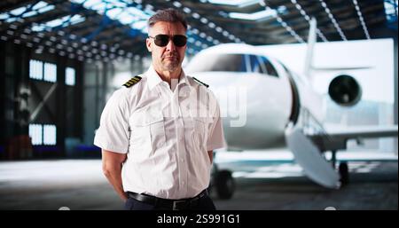 Pilote de capitaine de jet privé en uniforme. Petit avion à l'aéroport Banque D'Images