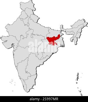 Map of India with the provinces, Jharkhand is highlighted. Illustration de Vecteur