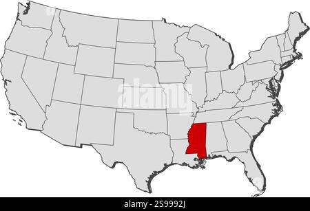Carte des États-Unis avec les provinces, Mississippi est mis en évidence. Illustration de Vecteur