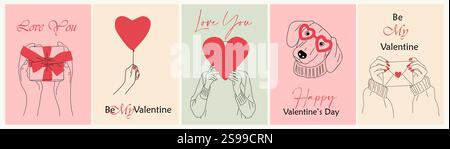 Jeu de cartes de Saint-Valentin avec éléments de tirage à la main Illustration de Vecteur